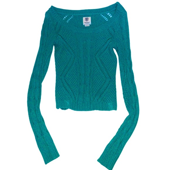 American Eagle Outfitters aqua/teal knit off the shoulder long sleeve sweater XS - Picture 2 of 5